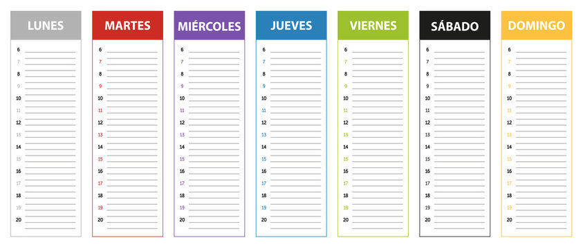 Spanish week planning calendar in colors of the day