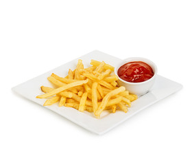 Potatoes fries with ketchup close-up isolated on a white background.