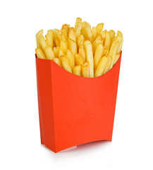 Potatoes fries in a red carton box isolated on a white background. Fast Food.