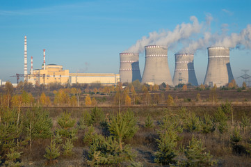 nuclear power station and smoke from the chimney