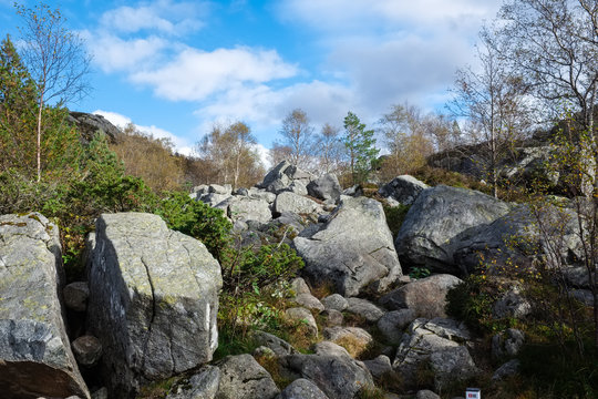 big pieces of rocks from a rockslide lying on a hillside near pulpit rock