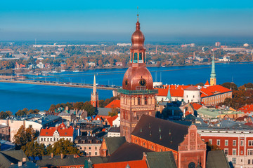 Obraz premium Aerial view of Old Town and Daugava, Riga, Latvia