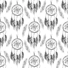 Wall murals Dream catcher Watercolor ethnic tribal hand made black and white monochrome feather dream catcher seamless pattern texture background