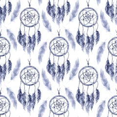 Afwasbaar behang Aquarel etnische tribal handgemaakte marineblauw monochroom veer dream catcher naadloze patroon textuur achtergrond © Silmairel