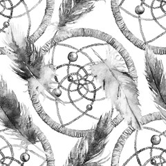 Aquarel etnische tribal handgemaakte zwart-wit monochroom veer dream catcher naadloze patroon textuur achtergrond