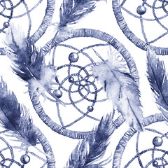 Watercolor ethnic tribal hand made navy blue monochrome feather dream catcher seamless pattern texture background