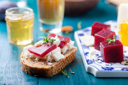 Crostini, Bruschetta With Plum, Berry Marmalade And Goat Cheese 