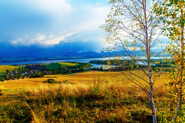 Fototapeta na wymiar Beautiful landscape. birch tree in the foreground image, meadow and lake with mountain in background. Slovakia, Central Europe.