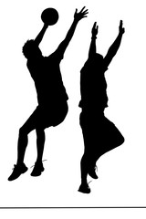Silhouette of korfball men's league players jumping to catch bal