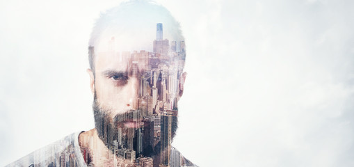 Double exposure concept with bearded man. Wide