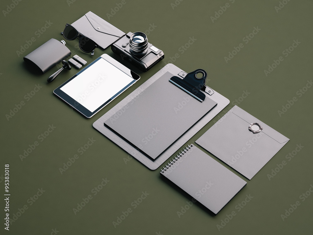 Aufkleber set of branding design office elements on the green background. 3d rendering