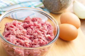 Fresh raw minced beef in a bowl
