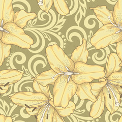 seamless pattern with lilies flowers and abstract floral swirls