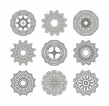 Circular pattern of traditional motifs and ancient oriental ornaments.Black hand drawn vector background. Black round ornament pattern set.