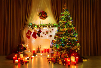 Christmas Tree in Room, Xmas Home Night Interior Fireplace Light