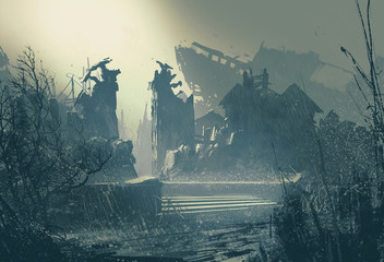 Obraz premium abandoned city in heavy rain,landscape painting