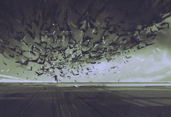 Fototapeta premium attack of crows,man running away from flock of birds,illustration painting