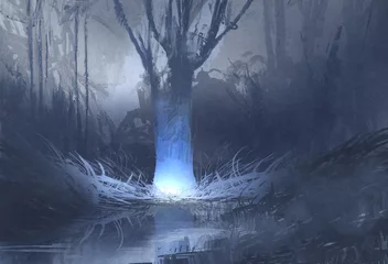 Keuken spatwand met foto night scene of spooky forest with swamp,illustration painting © grandfailure