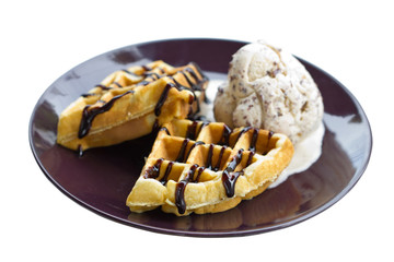 Baked waffle with ice cream.