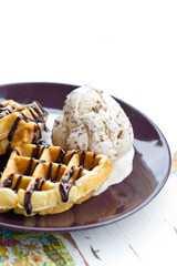 Baked waffle with ice cream.