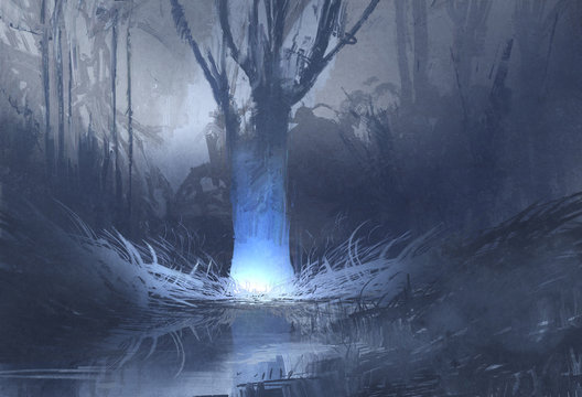 night scene of spooky forest with swamp,illustration painting