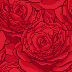 seamless pattern in red roses with contours. Hand-drawn contour lines and strokes. Perfect for background greeting cards and invitations to the day of the wedding, birthday, Valentine's Day