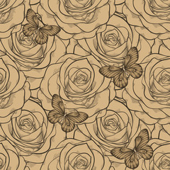 Beautiful seamless background with butterflies and roses vintage color. Hand-drawn contour lines and strokes.