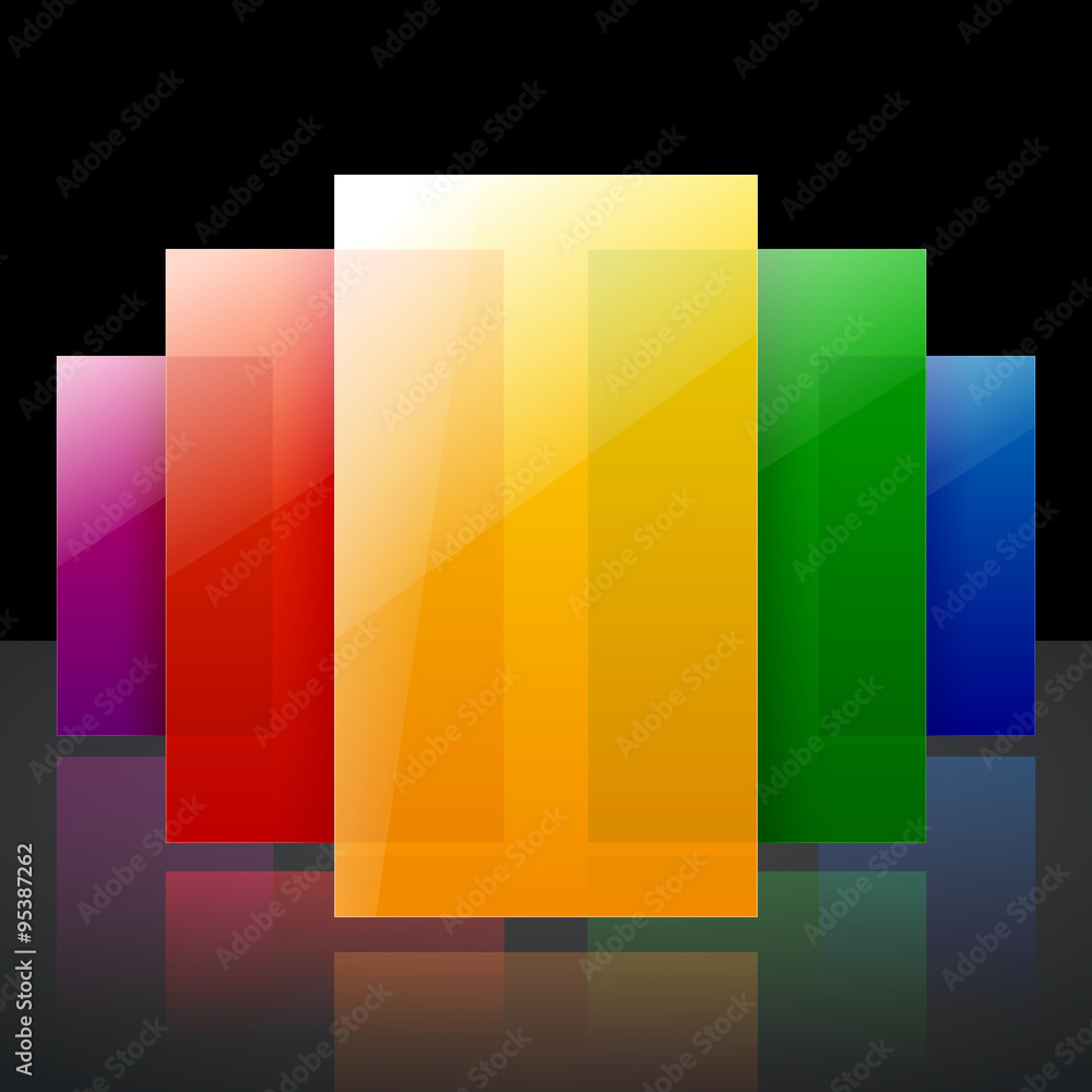 Poster abstract infographic colorful rainbow shiny transparent rectangles with reflections on black backgro