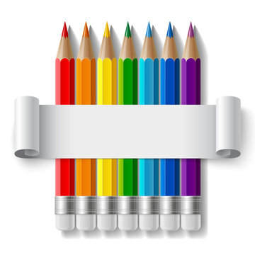 Rainbow color pencils and curled paper sheet with realistic shadow on purple gradient background
