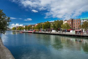 North bank of the river Liffey at Dublin City Centre on a beautiful day