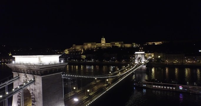 Aerial night view on beautiful bridges of Budapest