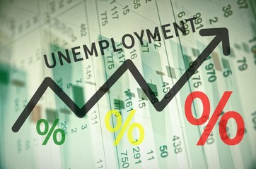 Word unemployment on up trend arrow, with financial data visible on the background.