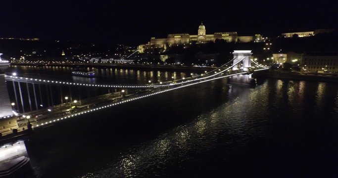Aerial night view on beautiful bridges of Budapest