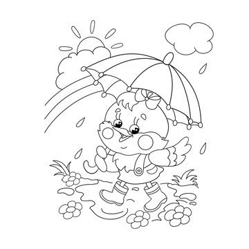 Coloring Page Outline Of a happy chicken walking in the rain