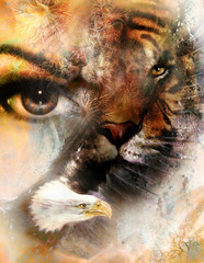 eagle and tiger face and womamn eye on  abstract background, with ornaments.
