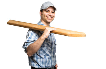 Smiling carpenter isolated on white
