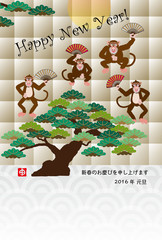 扇子を持って踊る四匹の猿と松の木のイラスト年賀状テンプレート