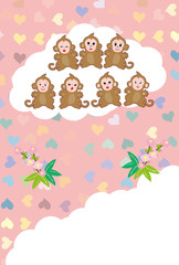 申年のかわいい七匹の子猿のピンクのイラスト年賀ハガキ