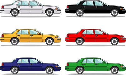 Set of six colored cars isolated on white background in flat style
