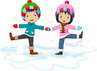 Fototapeta premium Boys and girls having fun in winter