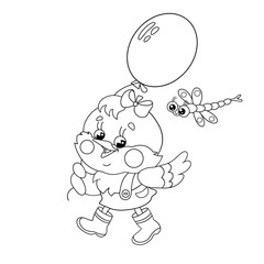 Coloring Page Outline Of a happy chicken walking with a balloon