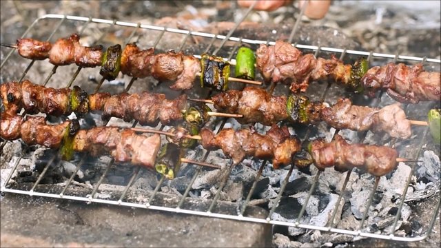 Shish kebab cooking on the grill over coals