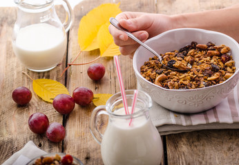 Home-baked granola with nuts, honey and pieces of fruit