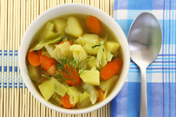 Bowl of cabbage soup on bamboo mat
