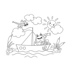 Naklejka premium Coloring Page Outline Of a Jolly frog floating on a boat