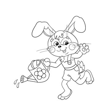 Coloring Page Outline Of a cute Bunny with watering can