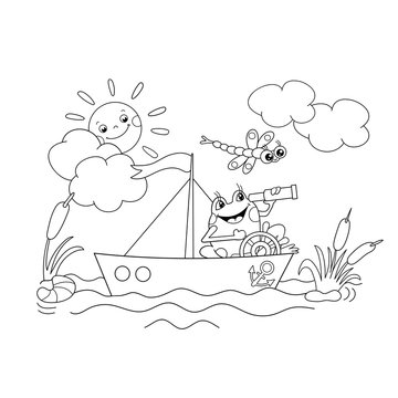 Coloring Page Outline Of a Jolly frog floating on a boat