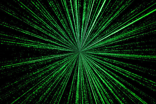 Digital Green Star Burst Matrix Generated In Black Background, Technology Concept