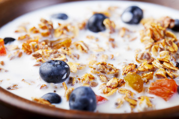 Healthy breakfast. Fresh granola, muesli with berries, honey and milk 