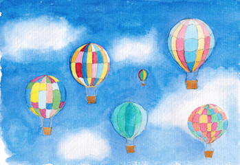 Watercolor Flying balloons on sky art